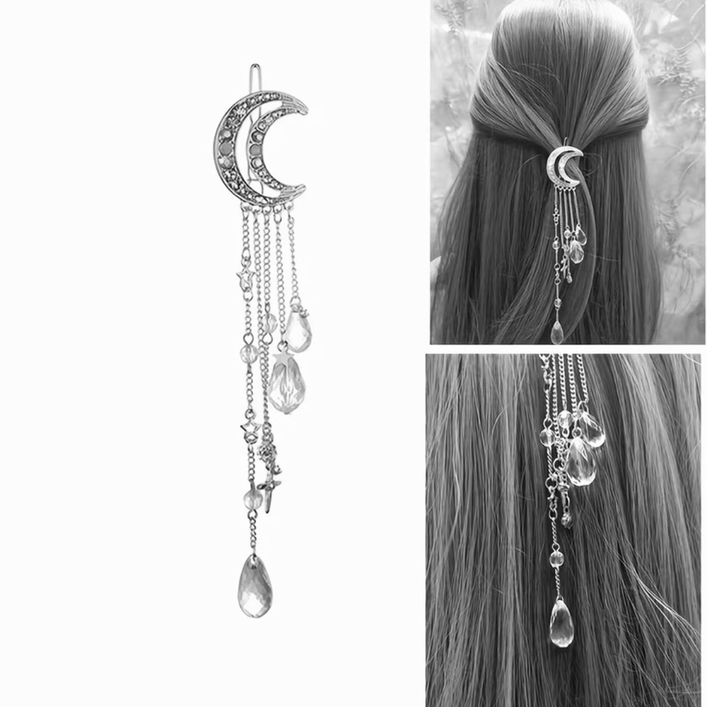 Crescent Moon Crystal Dangle Hair Clip - Silver